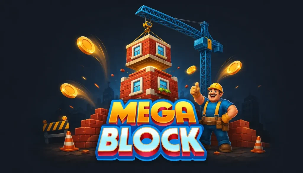 Torre de ladrillo de MegaBlock con una grúa azul y el constructor en una obra nocturna