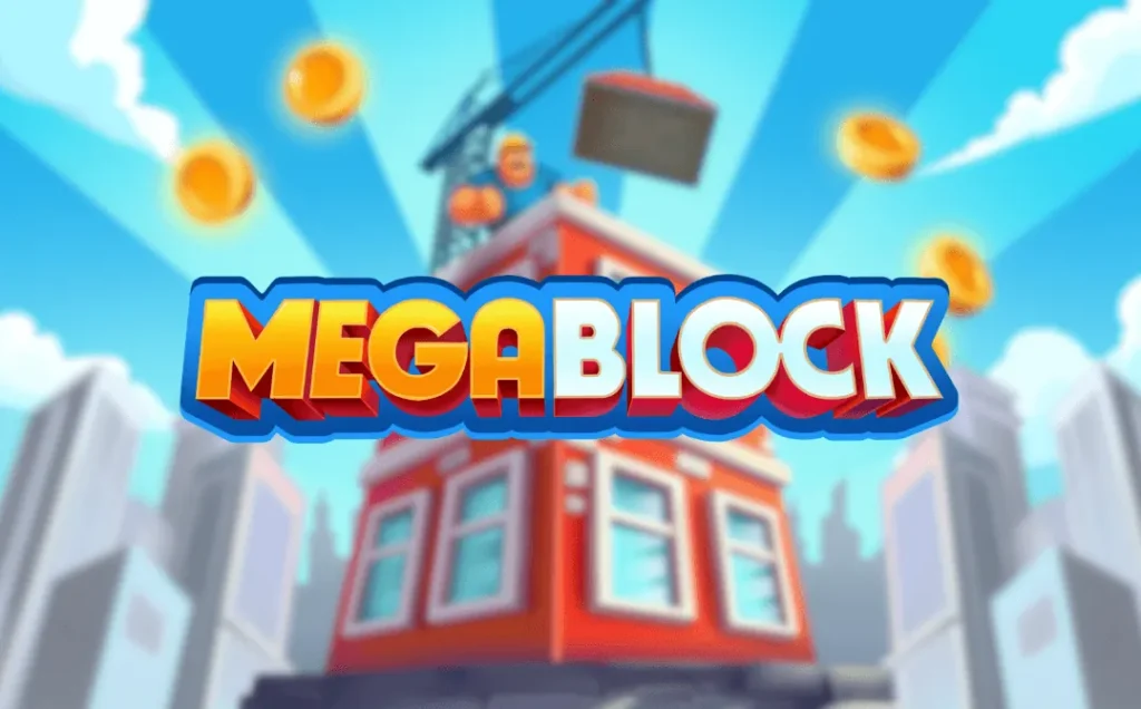 Torre de MegaBlock con el logotipo del juego sobre el edificio en construcción