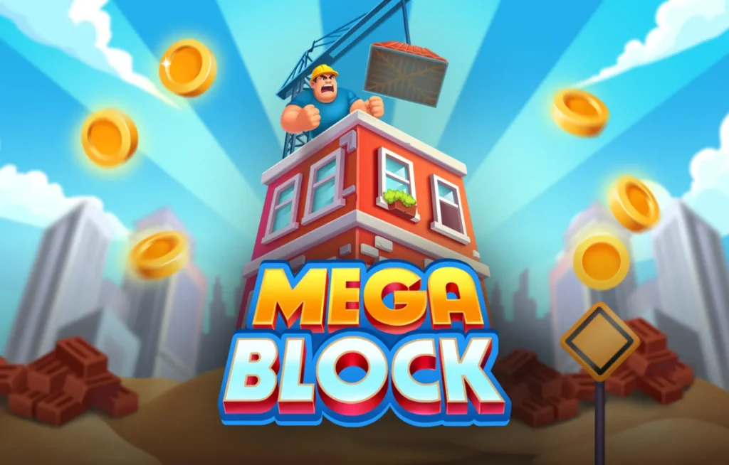 Constructor de MegaBlock sobre la torre mientras la grúa acerca un nuevo bloque
